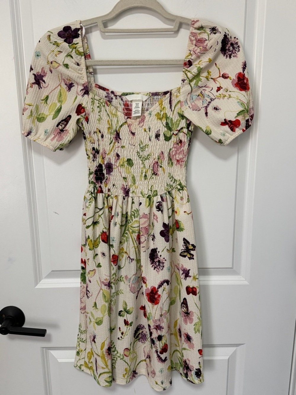 H&M puff-sleeved textured jersey knee dress with a floral pattern size XS
